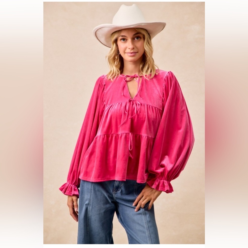 BiBi Fuchsia Velvet Long Sleeve Blouse Size Large NWT